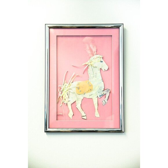Vintage Prancing Pink Horse Mixed Media Art Pink Feather Artist Signed "Grant"